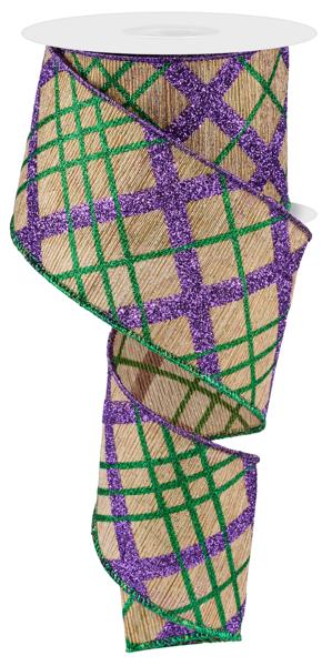 2.5 Inch By 10 Yard Mardi Gras Diagonal Plaid Ribbon