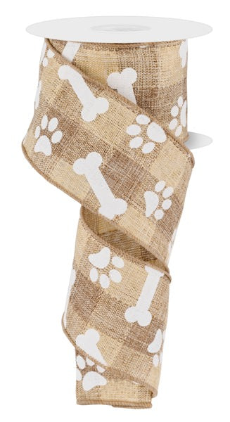 2.5 Inch By 10 Yard Pawprints And Bones On Woven Check Ribbon