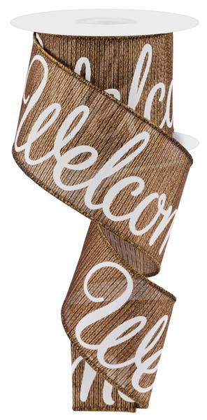 2.5 Inch By 10 Yard Welcome On Brown And Gold Metallic Ribbon