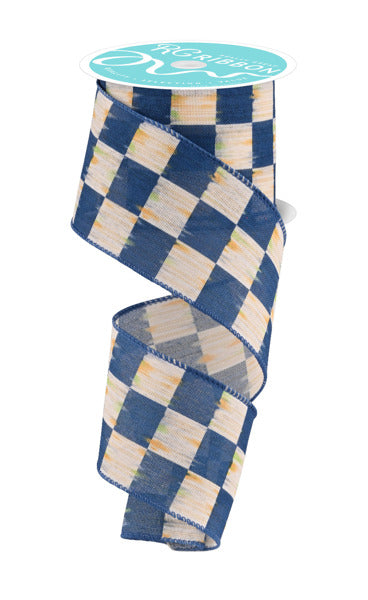 2.5 Inch By 10 Yard Blue And White Bold Antique Checkerboard Ribbon