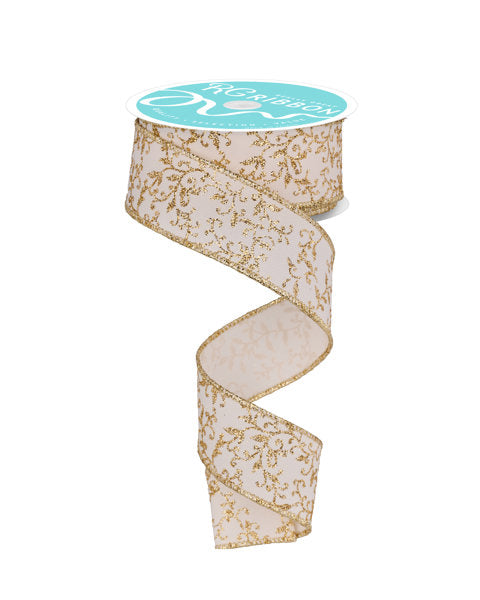 1.5 Inch By 10 Yard Ivory And Gold Mini Leaf Vines Ribbon