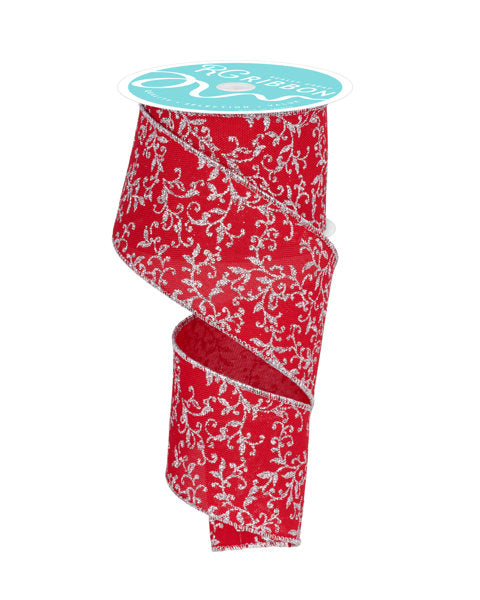 2.5 Inch By 10 Yard Red And Silver Glitter Mini Leaf Vines Ribbon