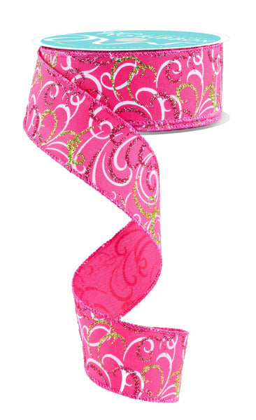 1.5 Inch By 10 Yard Hot Pink And Lime Multi Swirls Ribbon