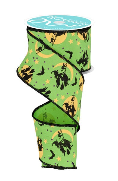 2.5 Inch By 10 Yard Lime Green Witch Flying By Moon Ribbon