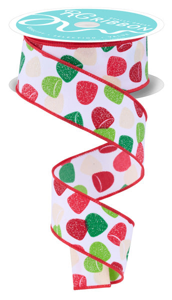1.5 Inch By 10 Yard Red Green Cream Glitter Gumdrops Ribbon