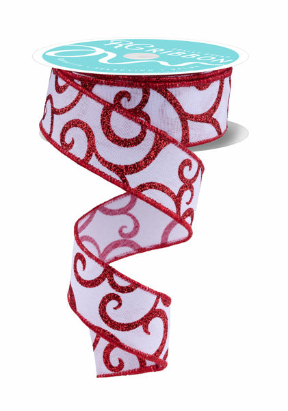 1.5 Inch By 10 Yard White And Red Glitter Swirl Ribbon