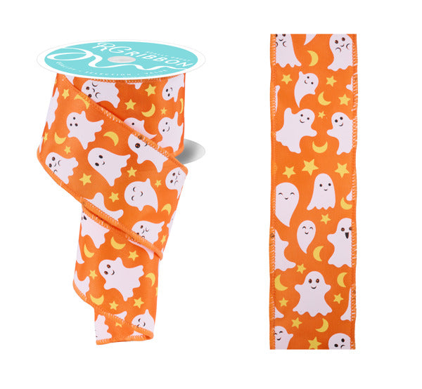 2.5 Inch By 10 Yard Orange Ghost Moon And Star Ribbon