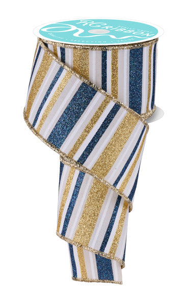 2.5 Inch By 10 Yard Smoke Blue And Gold Horizontal Stripe Ribbon