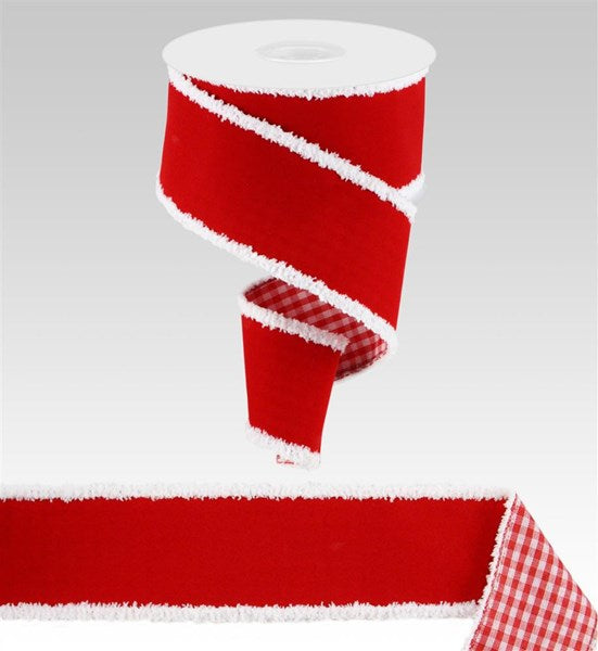 2.5 Inch By 10 Yard Red Velvet With Red Gingham Backing And White Drift Ribbon