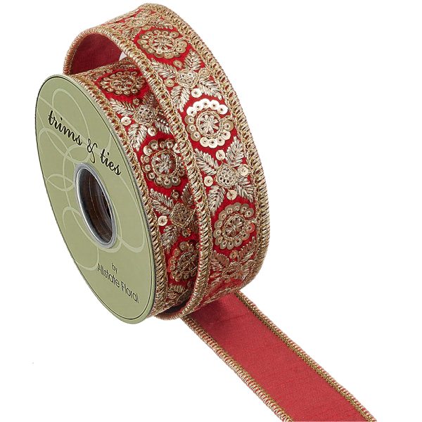 1.5 Inch By 5 Yard Red And Gold Jewel Trim Velvet Ribbon