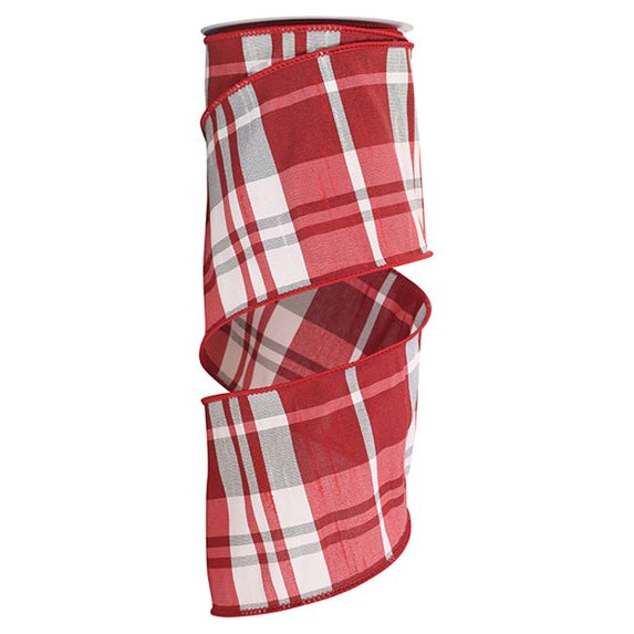 4 Inch By 10 Yard Red And Silver Grand Dupioni Plaid Ribbon