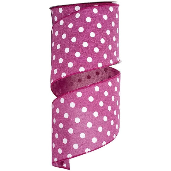 4 Inch By 10 Yard Fuchsia Polka Dot Linen Ribbon