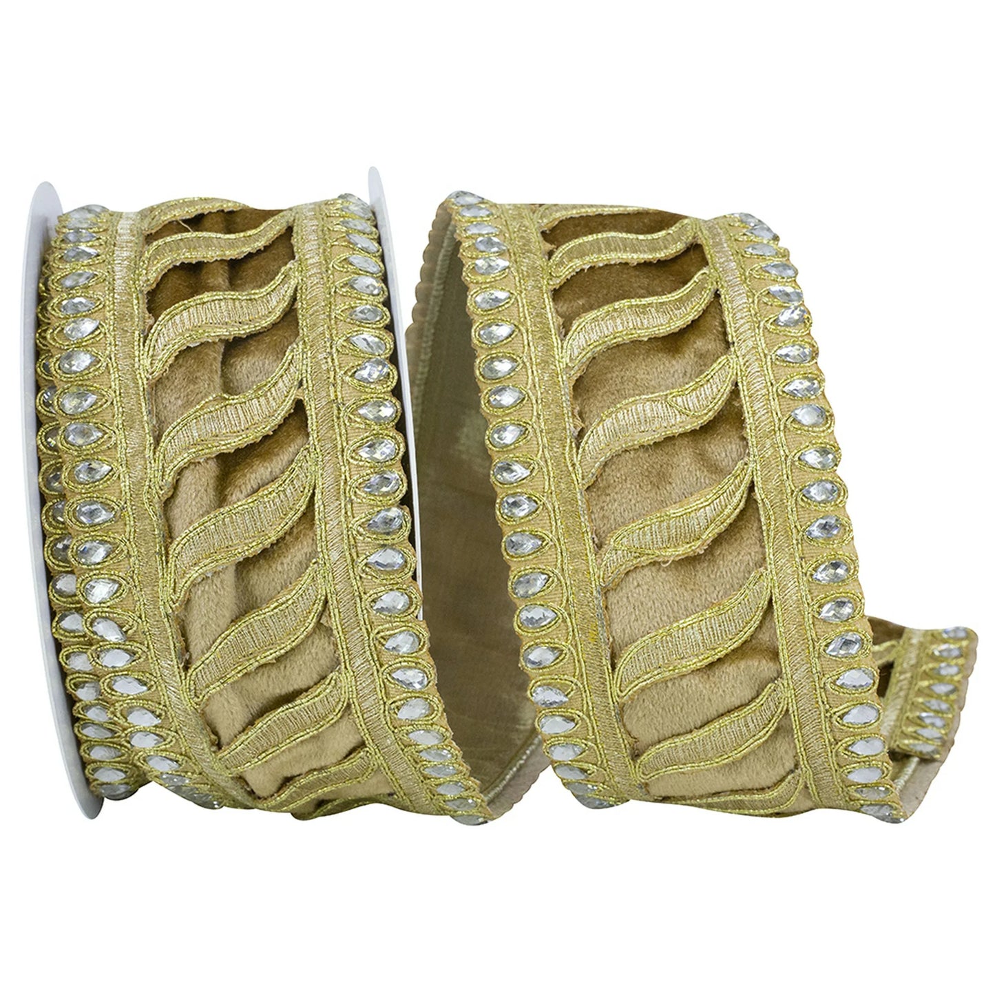 2.5 Inch By 5 Yard Champagne Jeweled Trim Elegance Velvet Ribbon
