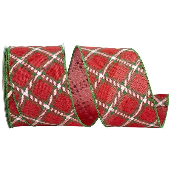 2.5 Inch By 10 Yard Red And Green Lattice Pattern Check Linen Ribbon