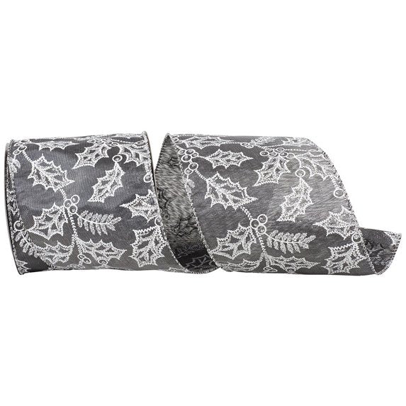 4 Inch By 10 Yard Silver Holly Glitter Satin Iridescent Ribbon