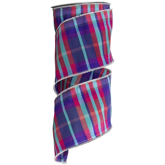 4 Inch By 10 Yard Fuchsia Purple And Teal Plaid Deluxe Ribbon
