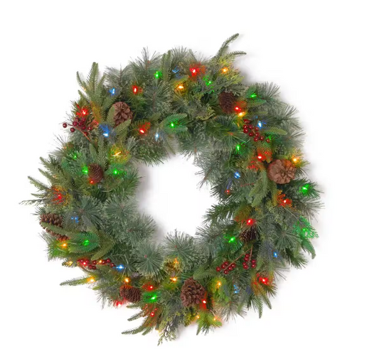 National Tree Company 24 Inch Colonial Wreath with Battery Operated Dual Color LED Lights Artificial Christmas Wreath