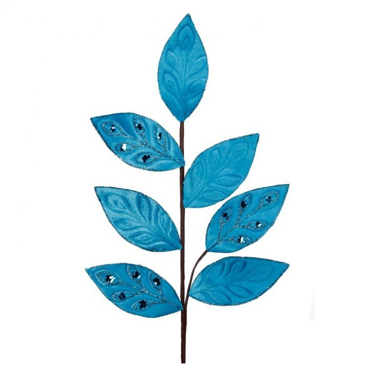 26 Inch Teal Blue Velvet Leaf Spray With Jewels