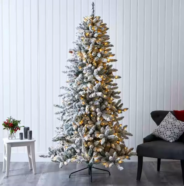 Nearly Natural 7.5 ft. Pre-Lit Flocked Livingston Fir Artificial Christmas Tree With Pine Cones Open Box