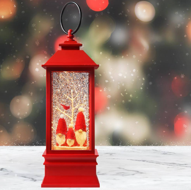 Haute Decor 8.5 in. Red Christmas Snowburst Animated Gnome Trio Lantern Snow Globe