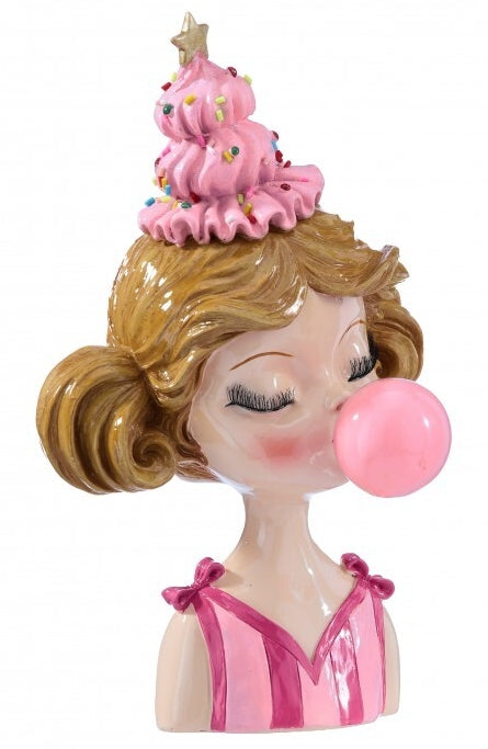 9 Inch Pink And White Resin Playful Girl Blowing Bubble Statue
