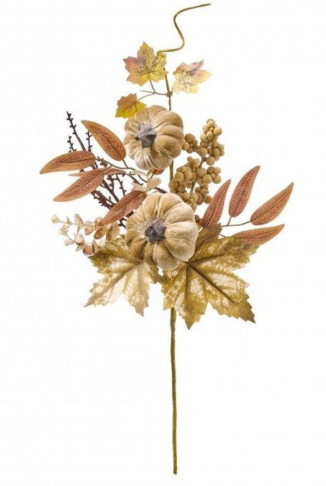 16 Inch Tan Velvet Pumpkin With Flocked Berry Fall Pick