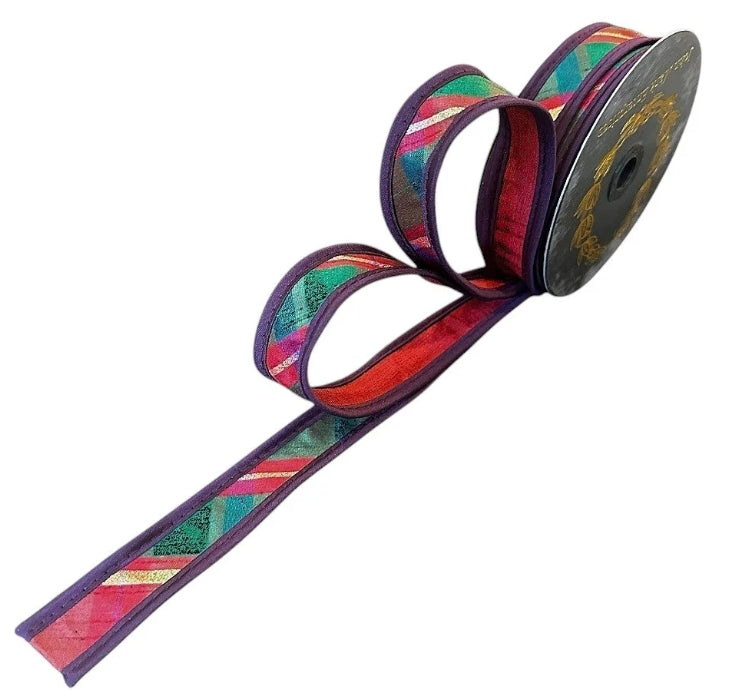 John Mark 1 Inch By 10 Yard Metallic Dupioni Plaid Gold Accent With Purple Edge Ribbon