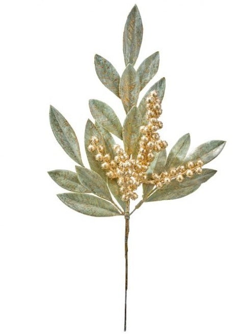 18 Inch Sage Green And Gold Berry Bay Leaf Pick