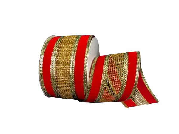 2.5 Inch By 10 Yard Red Velvet With Gold Net Center Ribbon