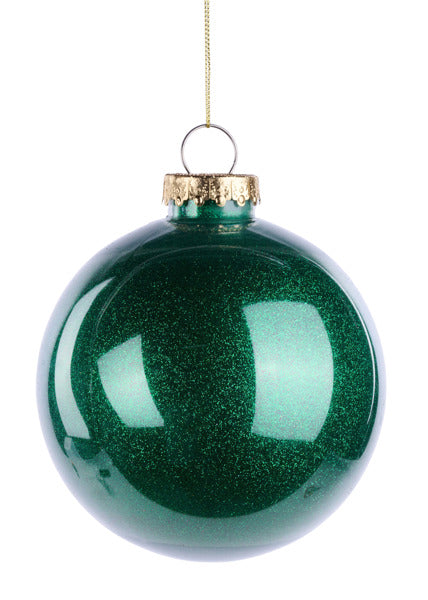 5 Inch Emerald Green Lacquer Look Glitter Ball Ornament