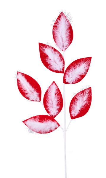 27.5 Inch Red And White Velvet Feather Leaf Spray