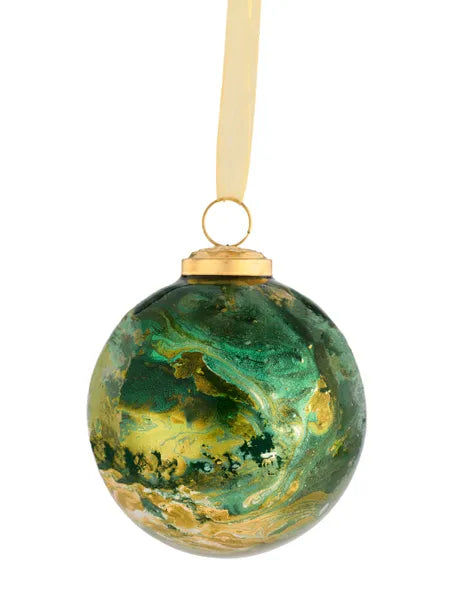 4 Inch Hunter Green Gold And White Marble Glass Ball Ornament