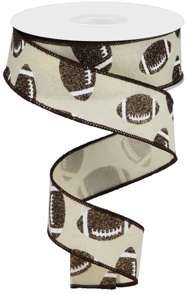 1.5 Inch By 10 Yard Cream White And Chocolate Glitter Football On Royal Ribbon