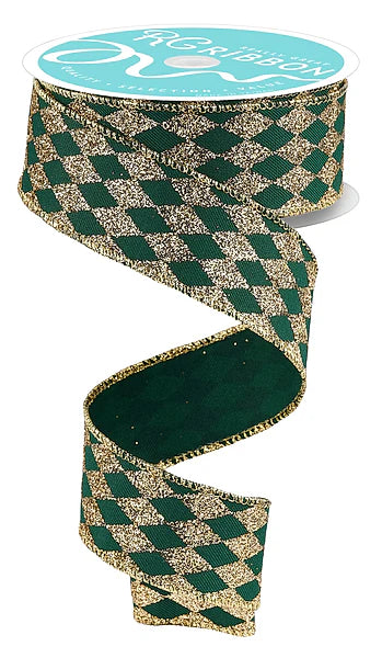 1.5 Inch By 10 Yard Hunter Green And Gold Glitter Harlequin Ribbon
