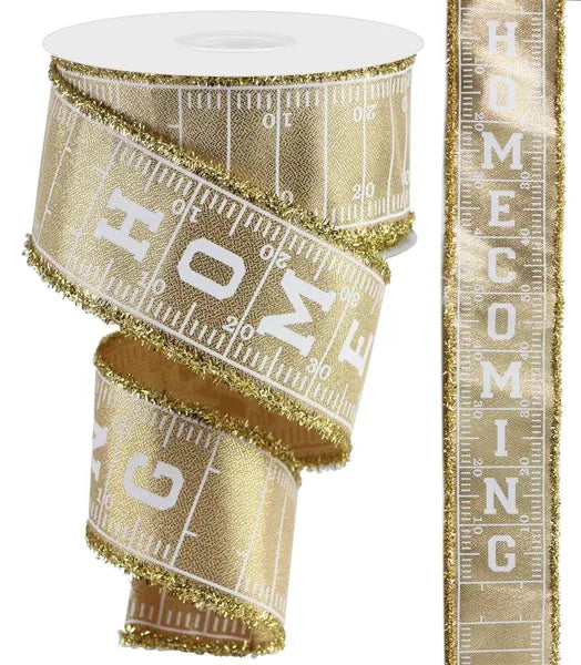 2.5 Inch By 10 Yard Gold And White Football Homecoming With Tinsel Edge Ribbon