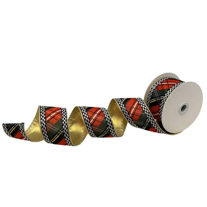 David Christopher's 2.5 Inch By 10 Yard Woven Plaid Check Ribbon With Gold Backing Ribbon