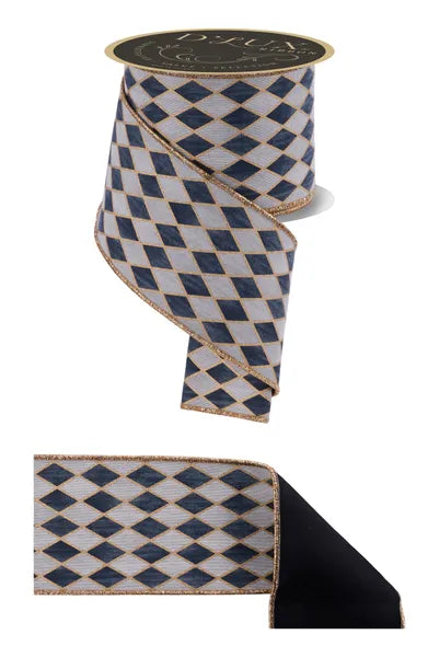 4 Inch By 10 Yard Cream Gold Grey And Black Antique Harlequin Fused Ribbon