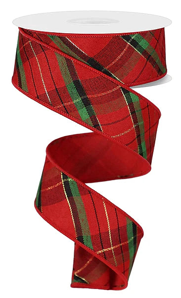 1.5 Inch By 10 Yard Metallic Plaid Diagonal Fused Ribbon