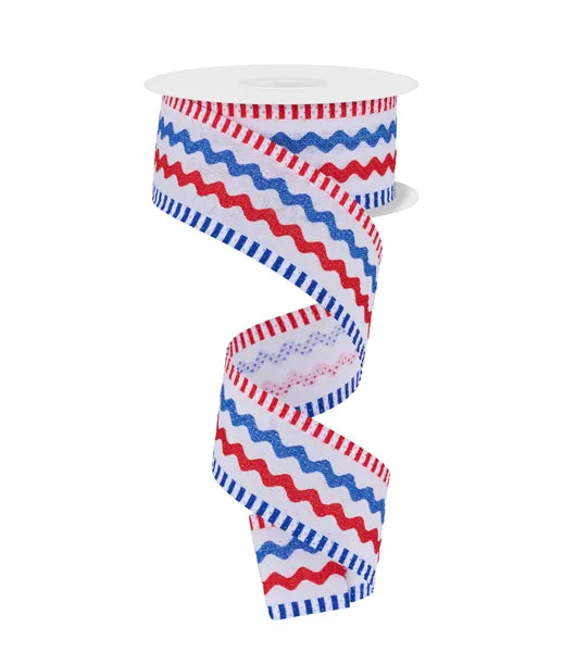 1.5 Inch By 10 Yard Red White And Blue Faux Burlap Ric Rac Stripe Ribbon