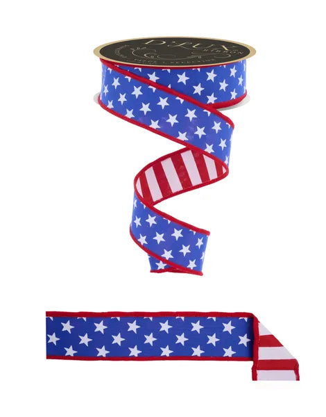 1.5 Inch By 10 Yard Red White And Royal Blue Stars And Striped Fused Back Ribbon