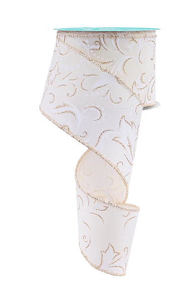 2.5 Inch By 10 Yard Ivory And White Leaf Filagree With Polka Dot Ribbon