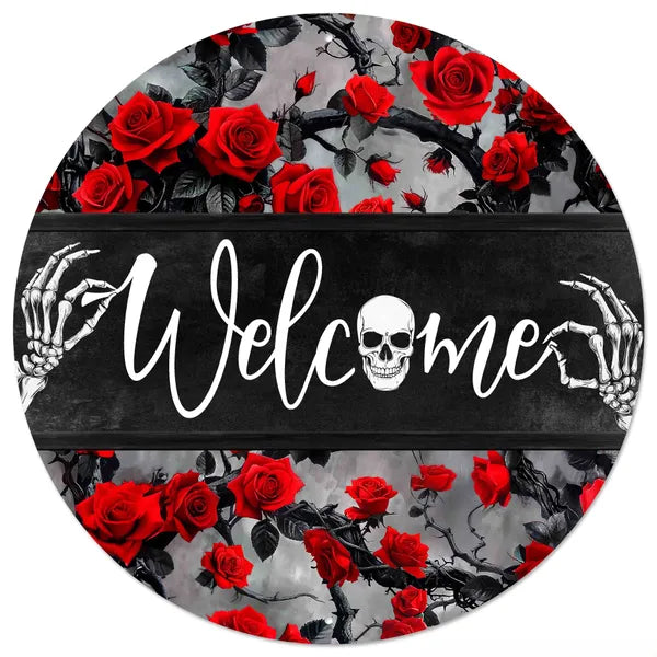 12 Inch Welcome With Skeleton Metal Sign