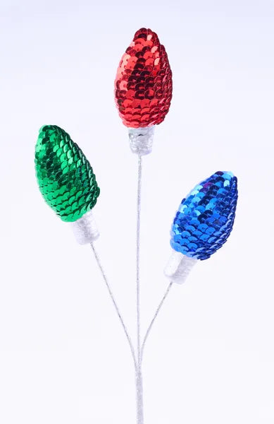 11 Inch Red Emerald Green And Royal Blue Styrofoam Sequin Light Bulb Pick