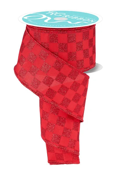 2.5 Inch By 10 Yard Red Glitter Check Ribbon