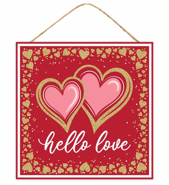 10 Inch Red And White Double Heart Hello Love Glitter Wood Sign