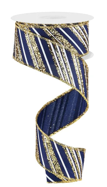 1.5 Inch By 10 Yard Navy Blue And Gold Diagonal Striped Ribbon