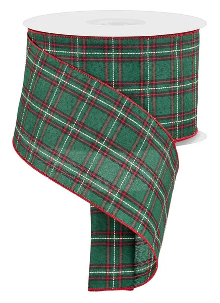 4 Inch By 50 Yard Emerald Red Black And White Woven Plaid Ribbon