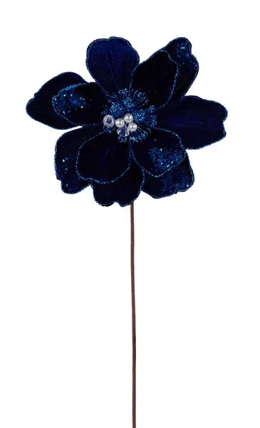 22 Inch Royal Blue Glitter Sequin Bead Magnolia Stem