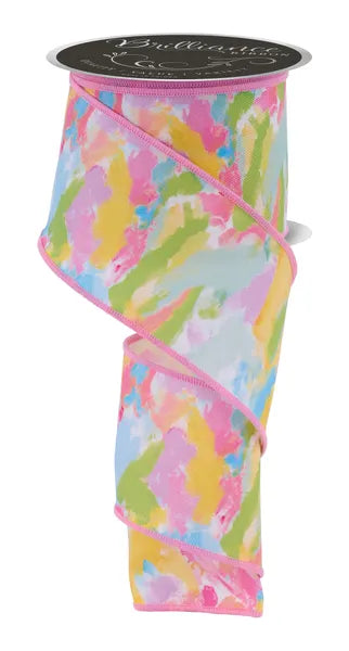2.5 Inch By 10 Yard Ivory Yellow Pink And Blue Abstract Paint Ribbon