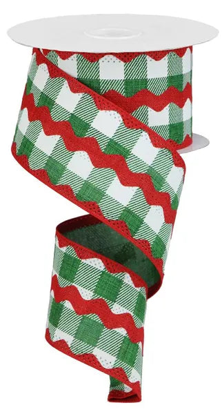 2.5 Inch By 10 Yard Emerald And Red Ric Rac On Plaid Ribbon